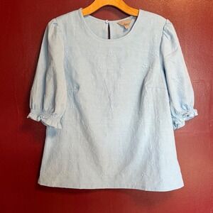 Ted Baker Light Blue Blouse Size M Embossed Floral Feminine Twee Puff Sleeve Top